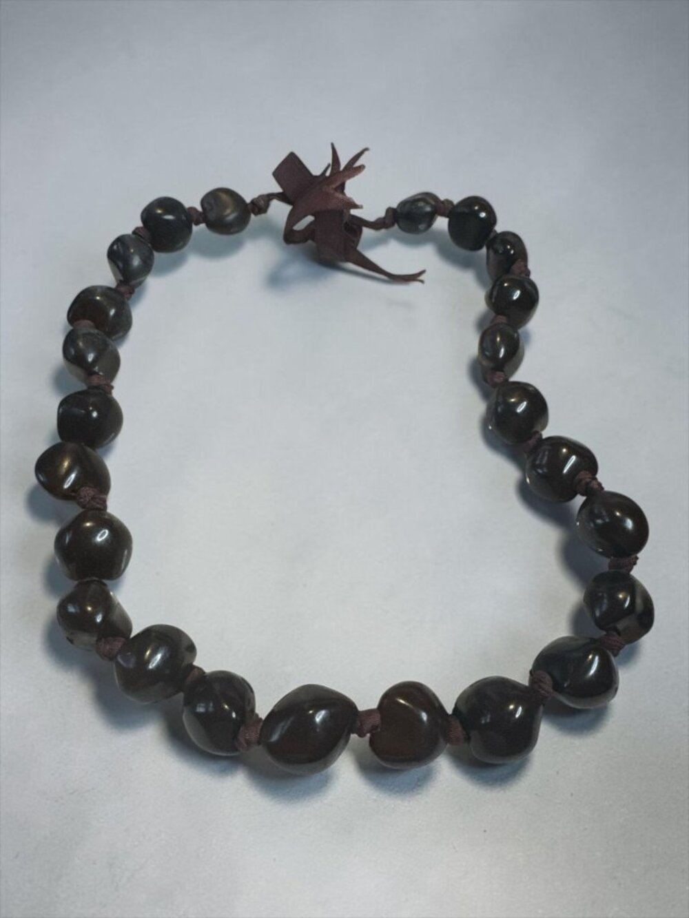 Chunky Dark Brown Polished Bead Necklace With Adjustable Ribbon Tie - 26 Inches